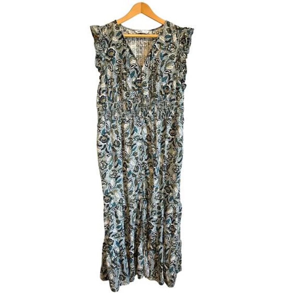 Sonoma green floral maxi dress short ruffle sleeve buttons tiered lightweight !X